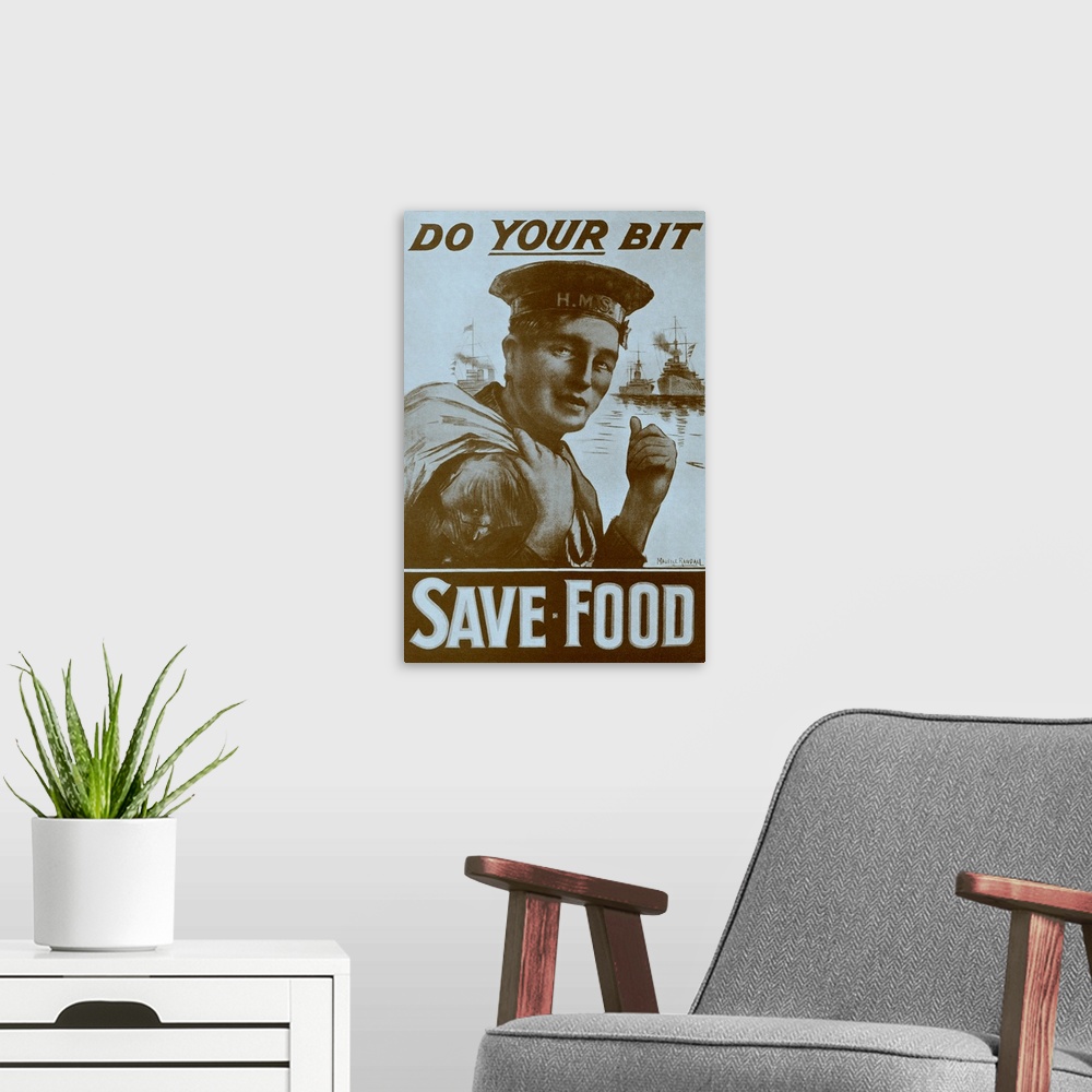 A modern room featuring World War 1 Food Economy Poster, 1917. Caption reads 'Do your bit: save food', message given by B...