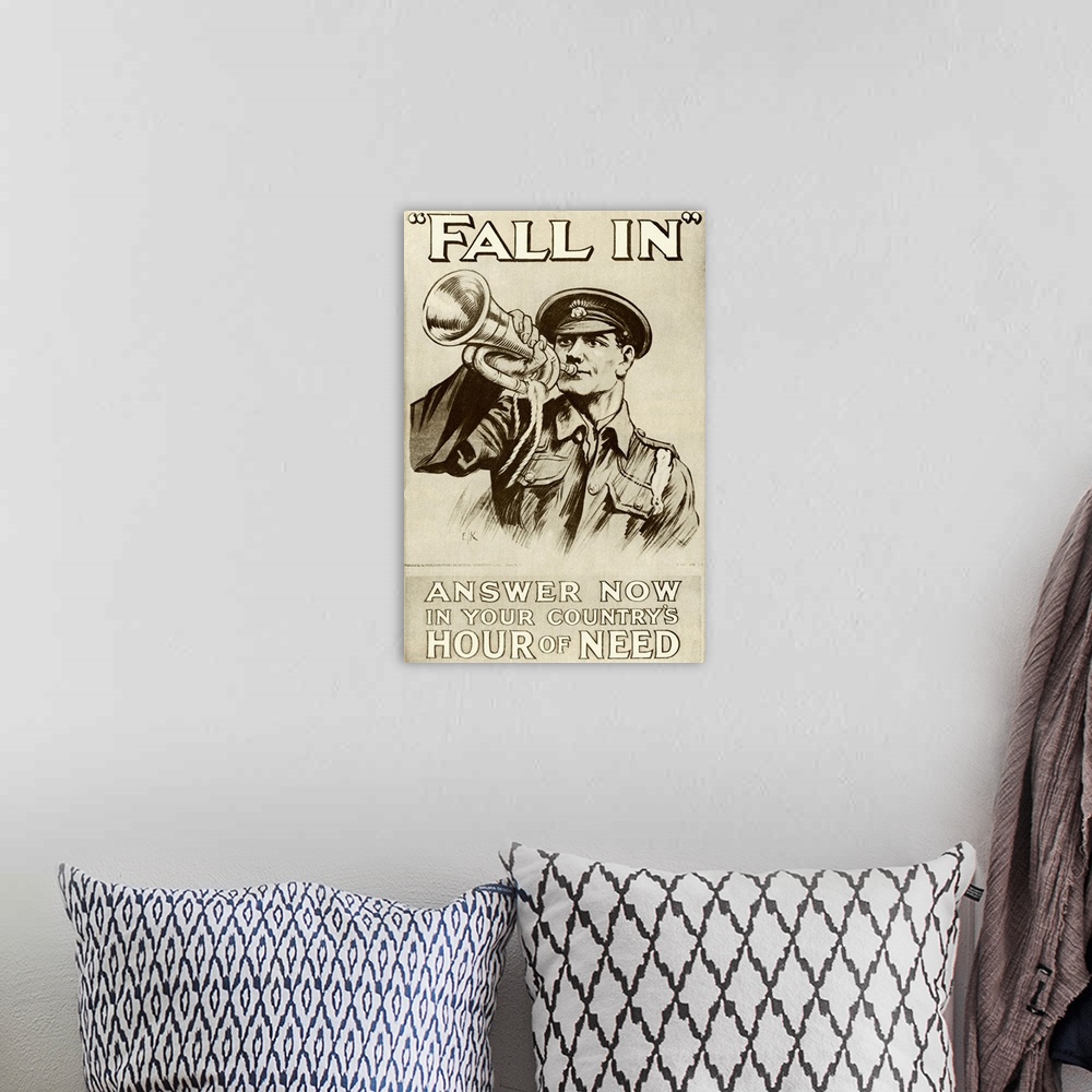 A bohemian room featuring Recruitment poster for the British army in the First World War, 1915. Features soldier playing a ...