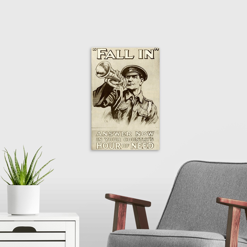 A modern room featuring Recruitment poster for the British army in the First World War, 1915. Features soldier playing a ...