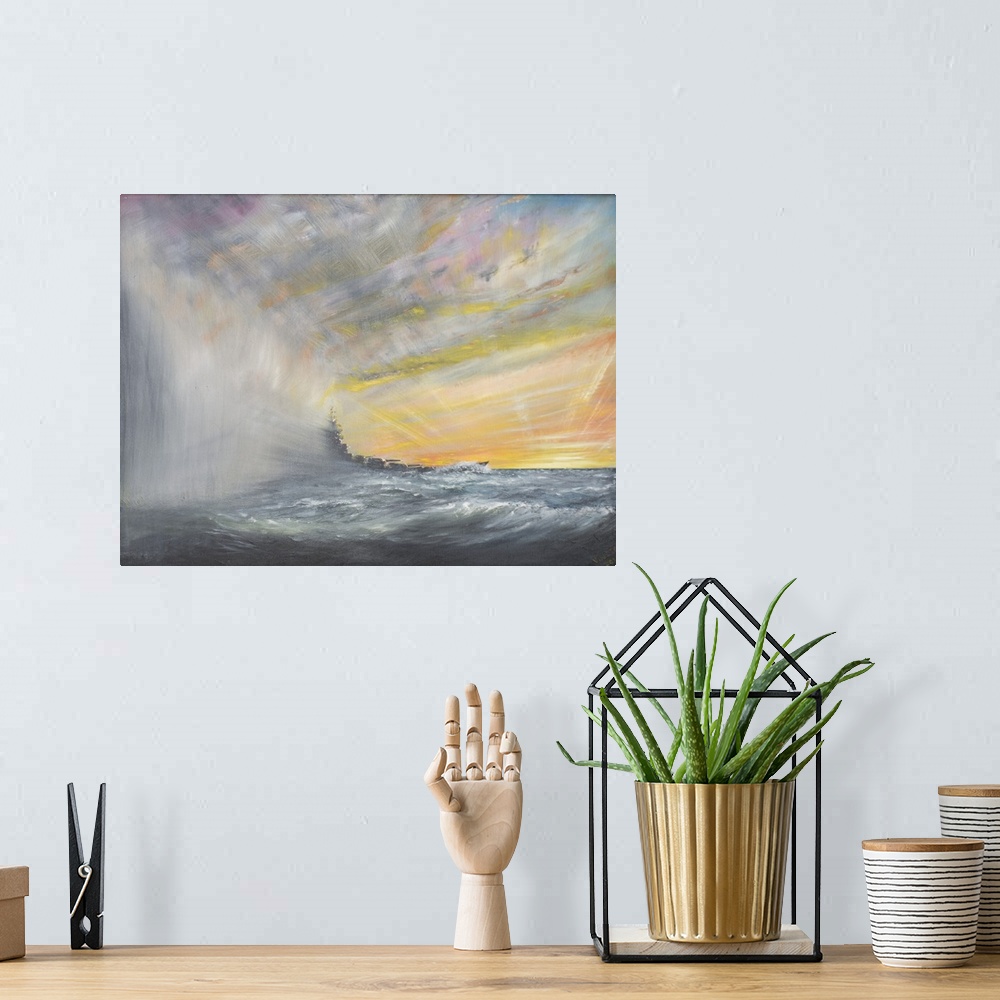 A bohemian room featuring Contemporary painting of a military ship on rough seas.