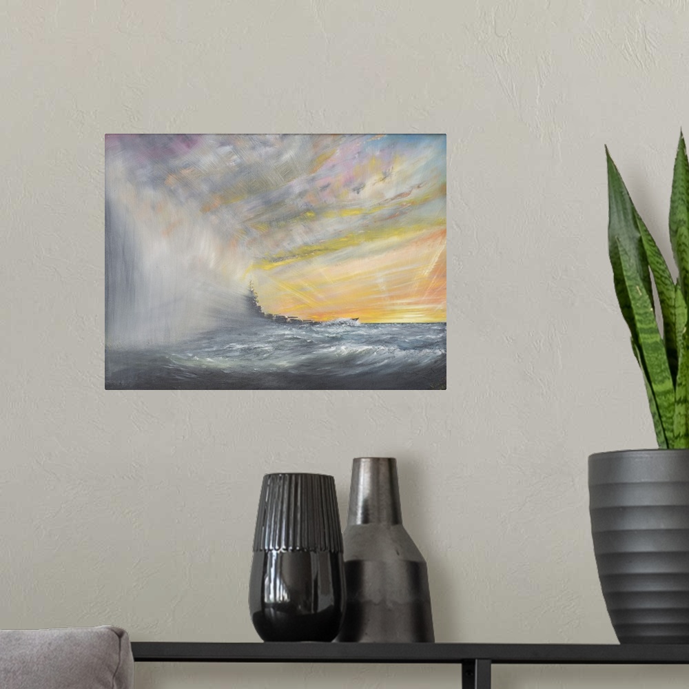 A modern room featuring Contemporary painting of a military ship on rough seas.