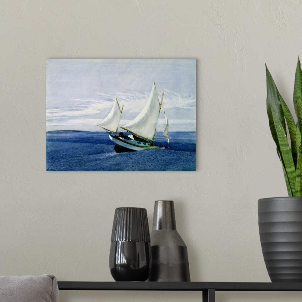 A modern room featuring Gold and white sailboat riding over a wave in the blue ocean.
