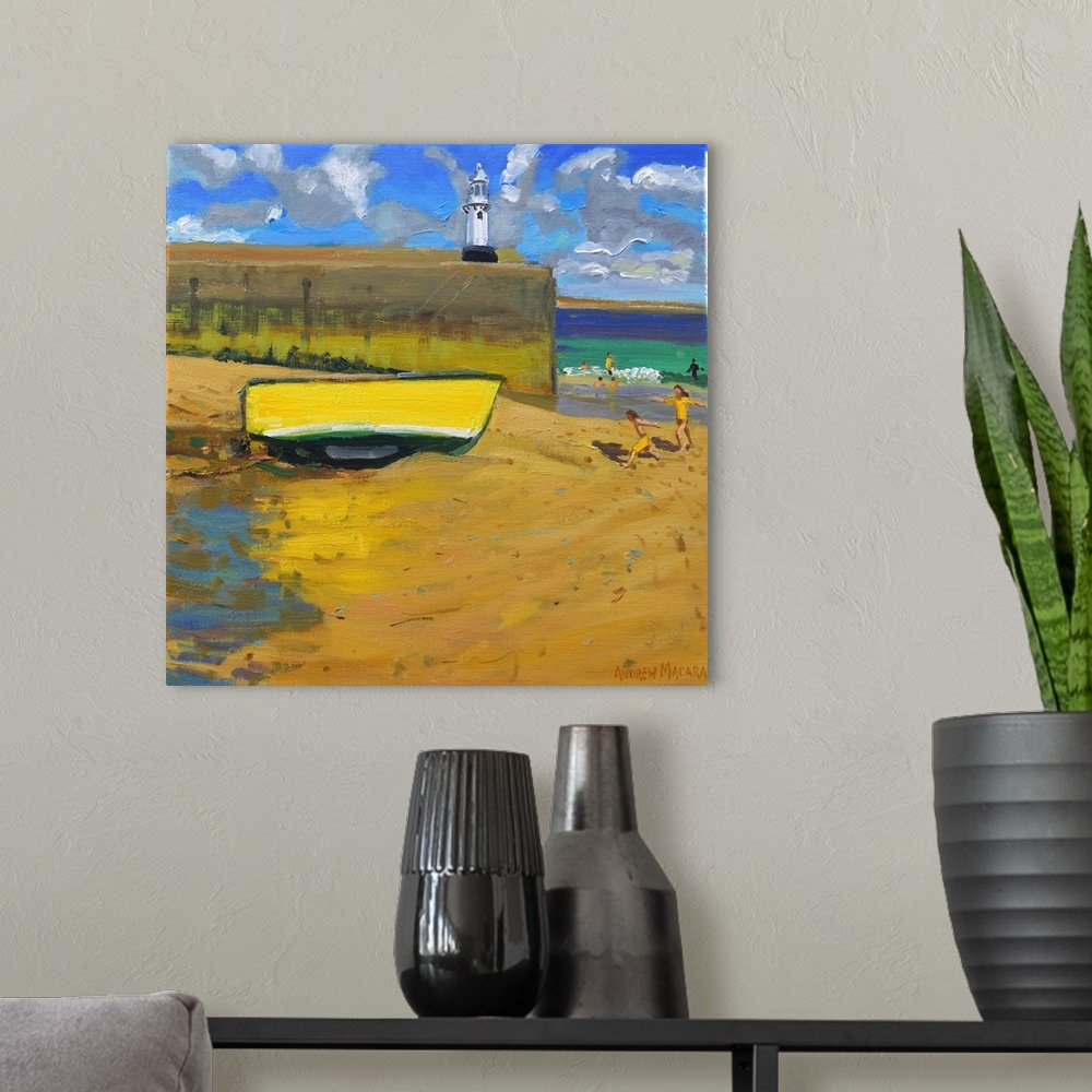 A modern room featuring Yellow Boat,St Ives,2017,(oil on canvas)