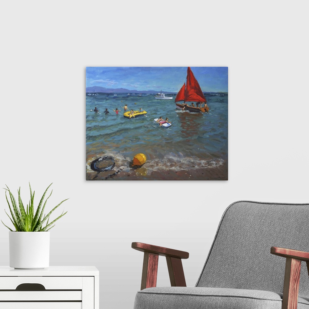 A modern room featuring Contemporary painting of a sailboat in the water with people wading nearby.