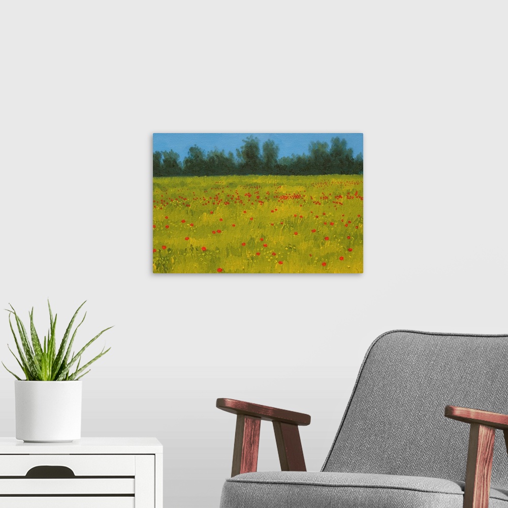 A modern room featuring Yellow Field with Poppies, 2002
