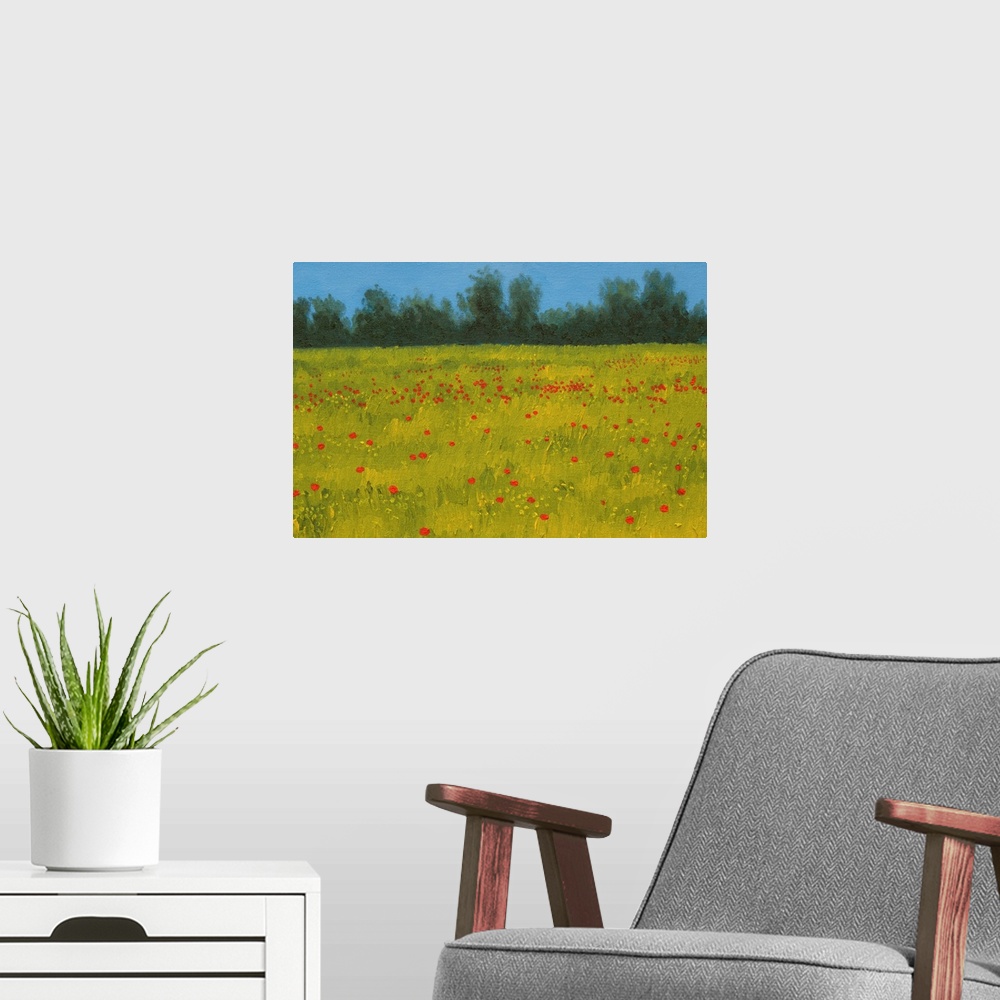 A modern room featuring Yellow Field with Poppies, 2002