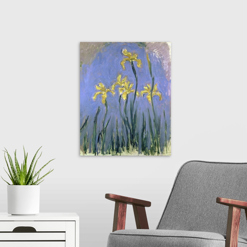 A modern room featuring Yellow Irises (Les Iris Jaunes), 1918-1925