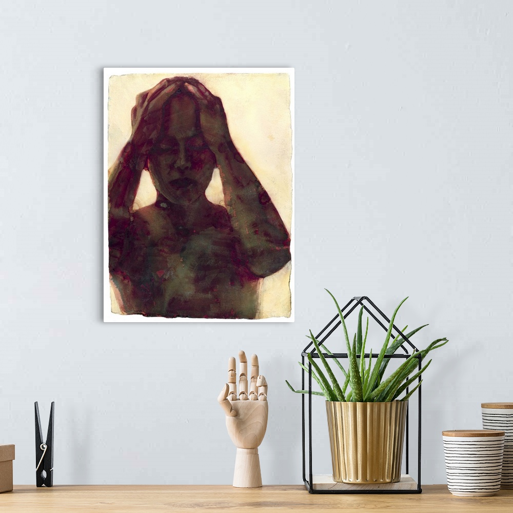 A bohemian room featuring Contemporary watercolor painting of a woman with her hands on the top of her head with her eyes c...
