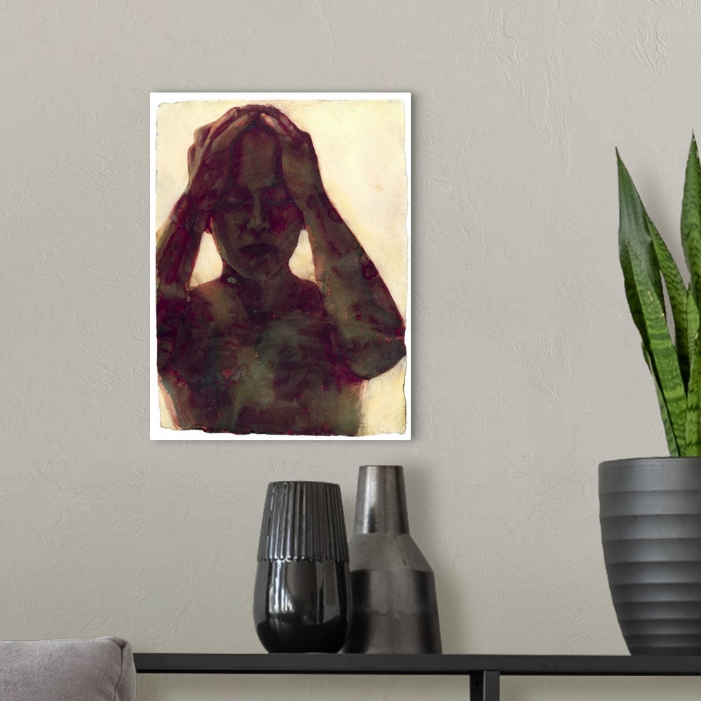 A modern room featuring Contemporary watercolor painting of a woman with her hands on the top of her head with her eyes c...