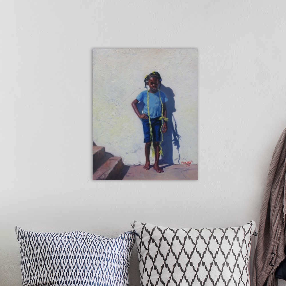A bohemian room featuring Contemporary painting of a girl with a yellow rope around her shoulders standing against a wall.
