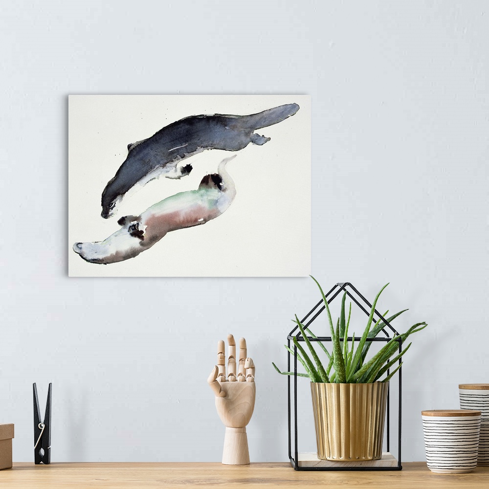 A bohemian room featuring Contemporary wildlife painting of two river otters swimming.