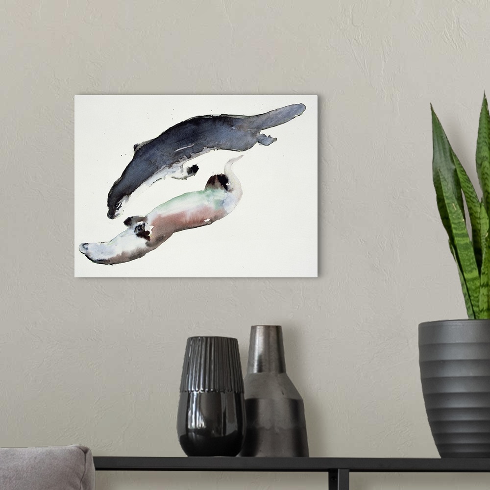 A modern room featuring Contemporary wildlife painting of two river otters swimming.