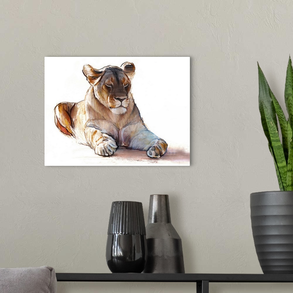 A modern room featuring Yogi Lioness, 2019. Originally conte and pastel on paper.