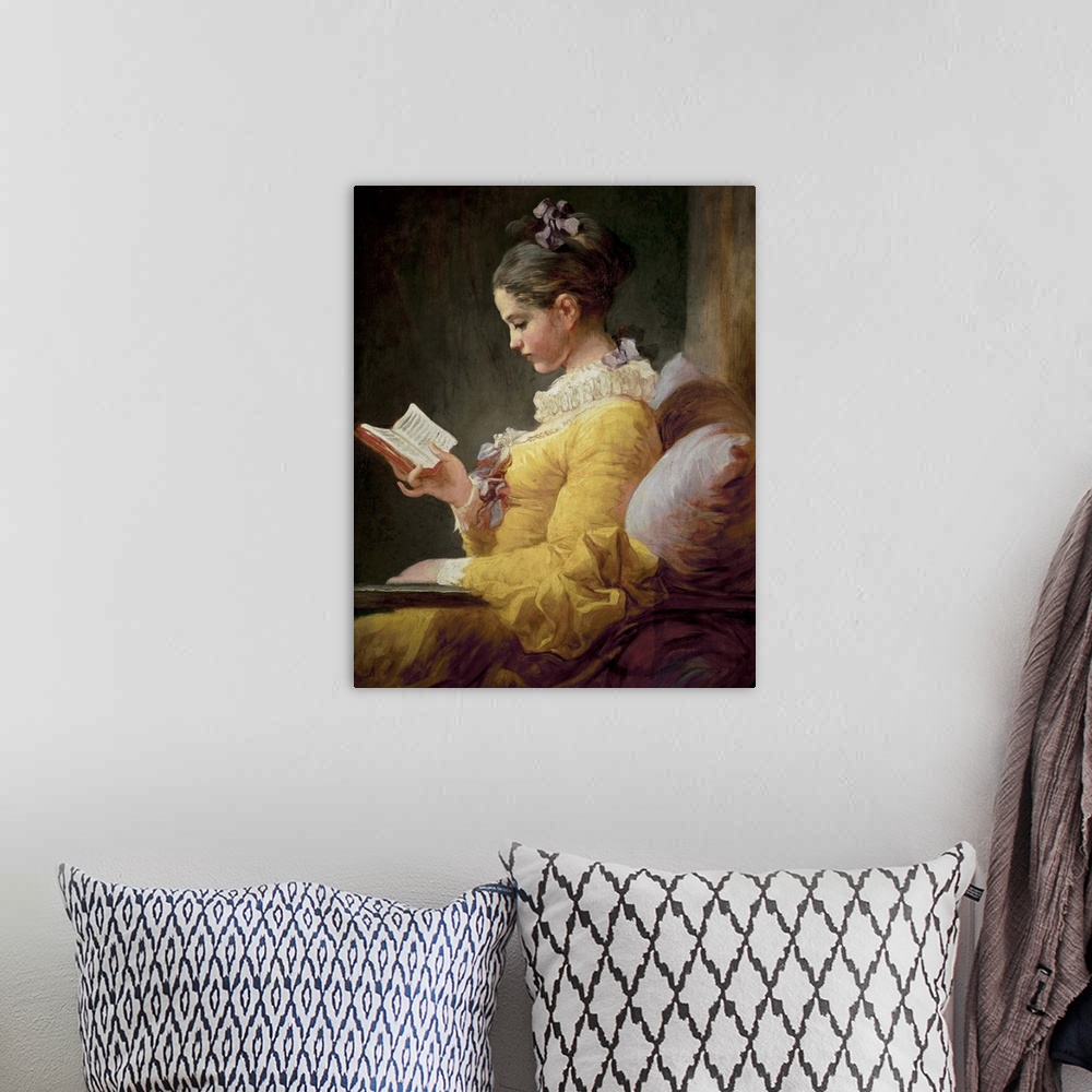 A bohemian room featuring XJL61308 Young Girl Reading, c.1776 (oil on canvas)  by Fragonard, Jean-Honore (1732-1806); 81.1x...