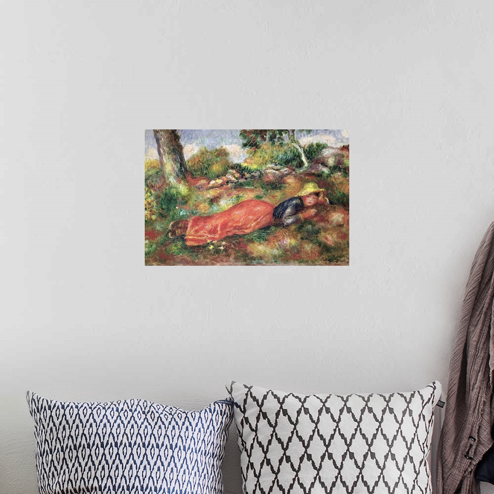 A bohemian room featuring Painting of a young child with a hat on sleeping in a colorful meadow.