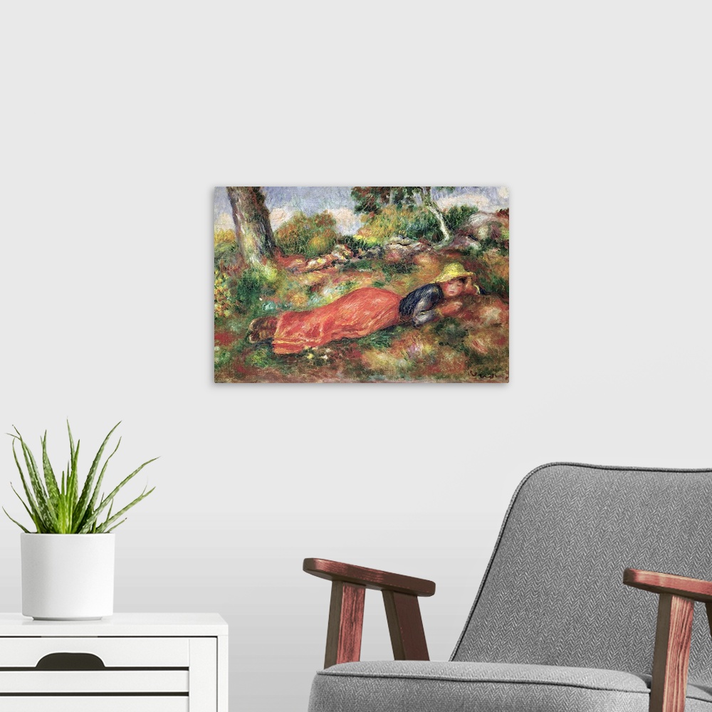 A modern room featuring Painting of a young child with a hat on sleeping in a colorful meadow.