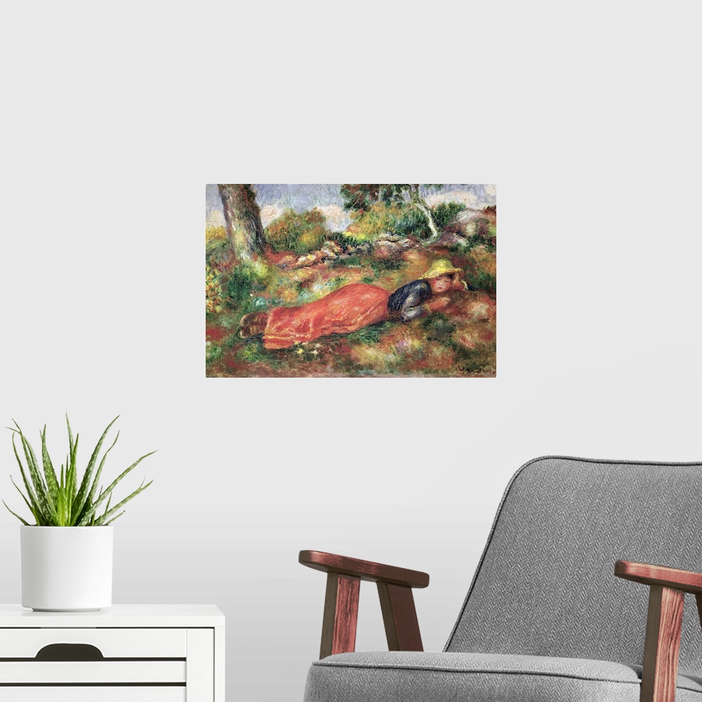 A modern room featuring Painting of a young child with a hat on sleeping in a colorful meadow.