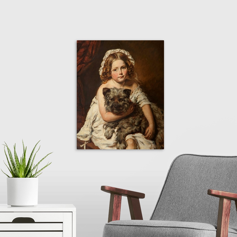 A modern room featuring Young girl with her dog