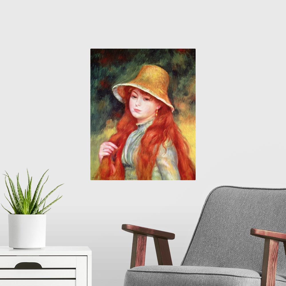 A modern room featuring BAL76824 Young girl with long hair, or Young girl in a straw hat, 1884; by Renoir, Pierre Auguste...