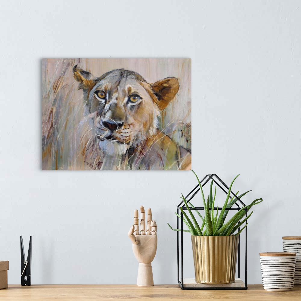 A bohemian room featuring Young Lion in the Grass, 2020. Originally oil on canvas.