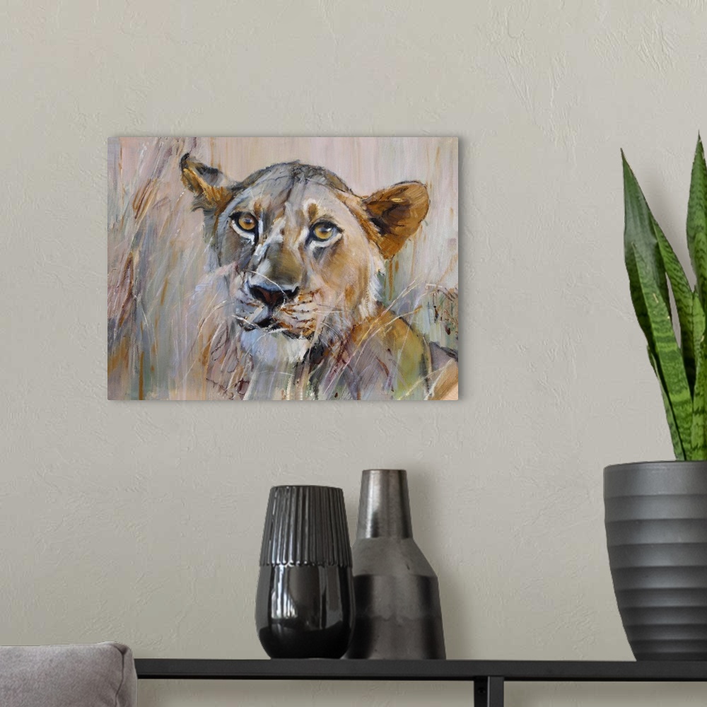 A modern room featuring Young Lion in the Grass, 2020. Originally oil on canvas.