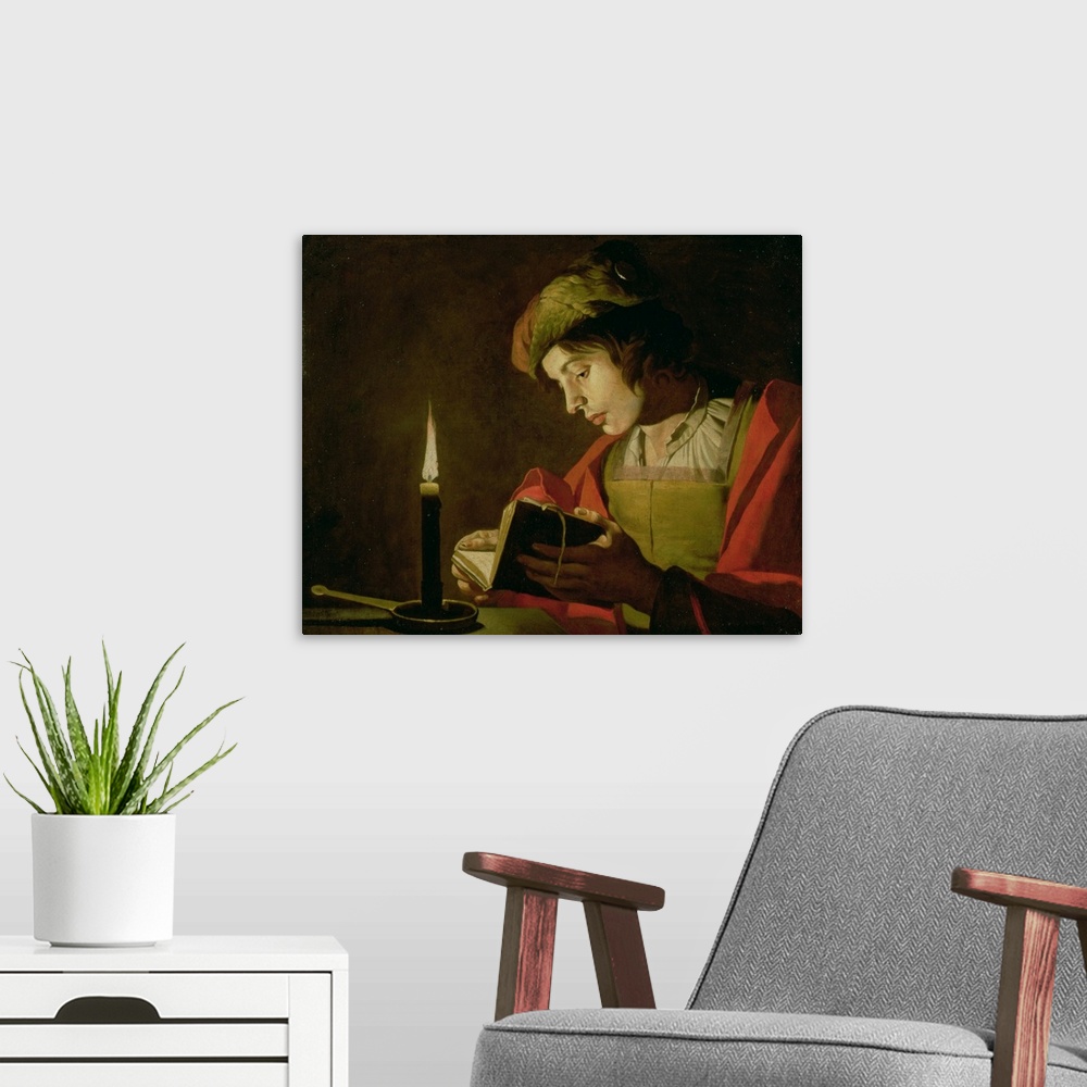 A modern room featuring SNM128541 Young Man Reading by Candle Light (oil on canvas); by Stomer, (Stom) Matthias (c.1600-p...