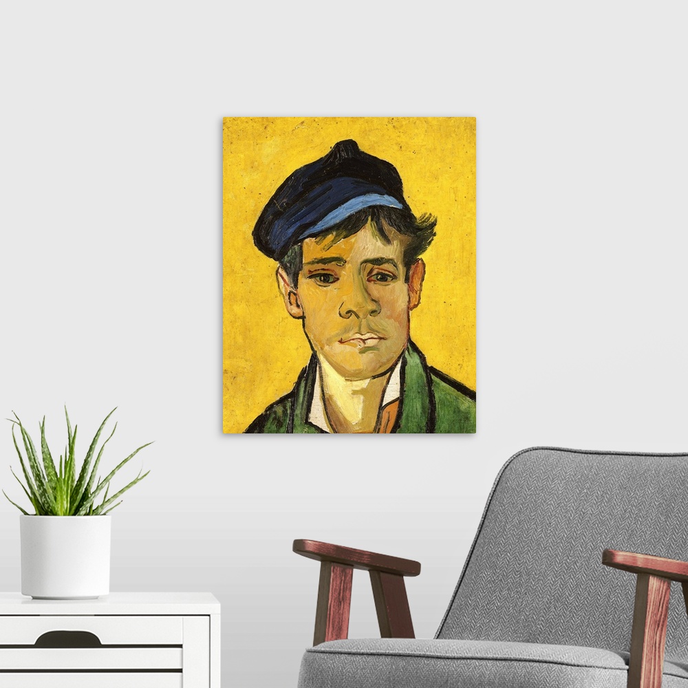 A modern room featuring XIR166546 Young Man with a Hat, 1888 (oil on canvas)  by Gogh, Vincent van (1853-90); 47x39 cm; P...