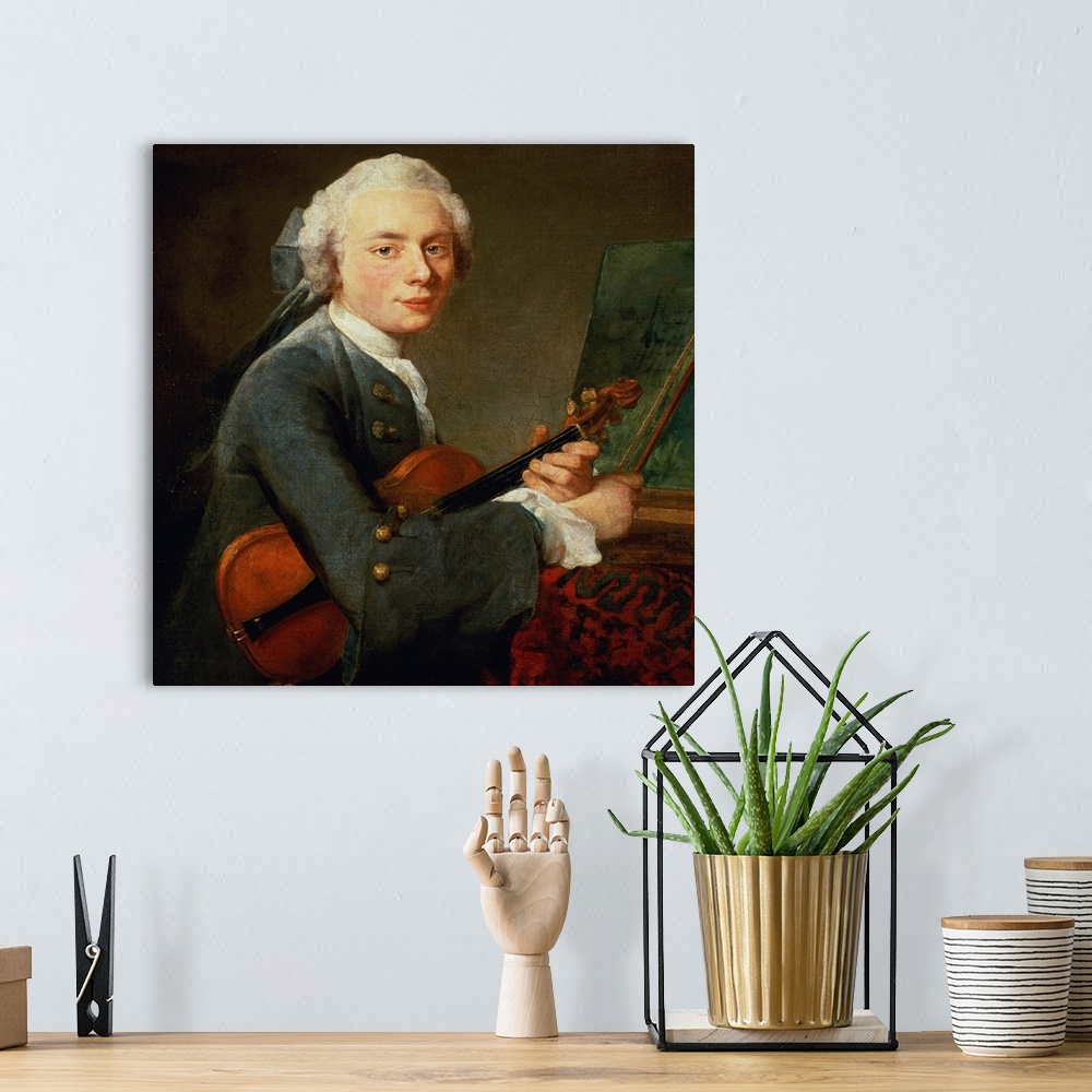 A bohemian room featuring XIR89753 Young Man with a Violin, or Portrait of Charles Theodose Godefroy (1718-96) c.1738 (oil ...