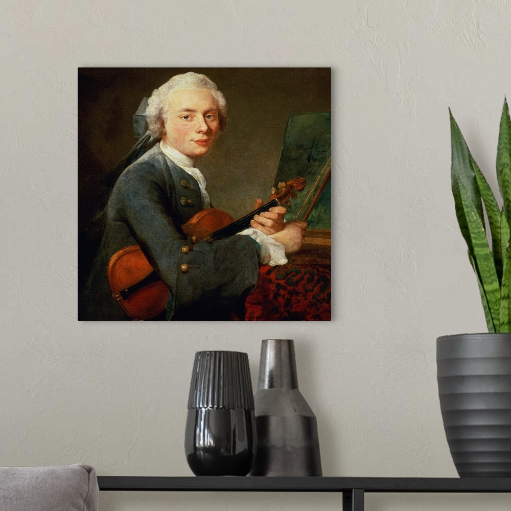A modern room featuring XIR89753 Young Man with a Violin, or Portrait of Charles Theodose Godefroy (1718-96) c.1738 (oil ...