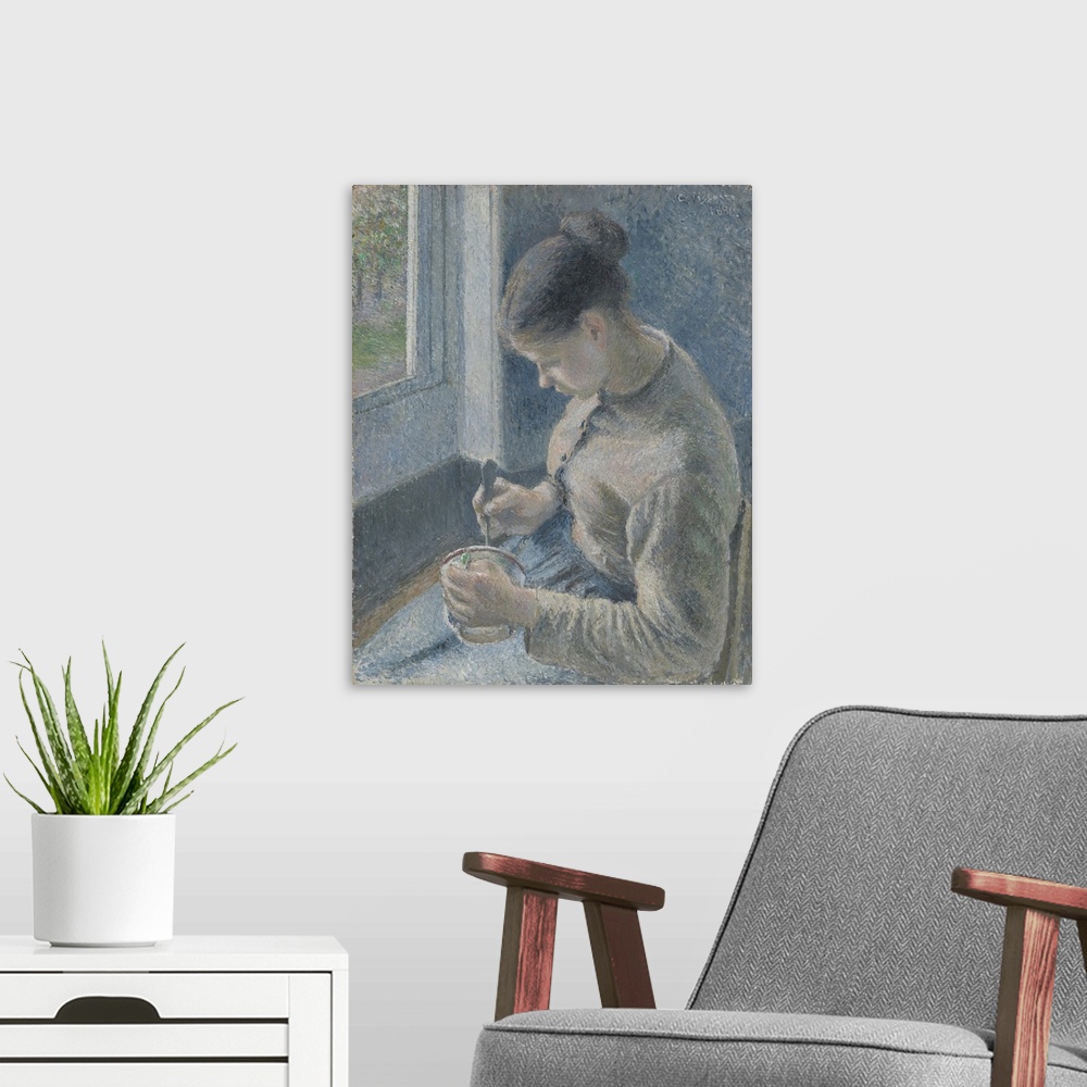 A modern room featuring Young Peasant Having Her Coffee, 1881, oil on canvas.