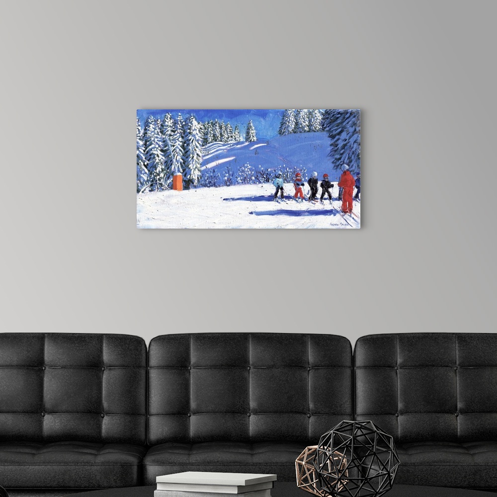 A modern room featuring Young Skiers, Morzine, France. 2015, oil on canvas.  By Andrew Macara.