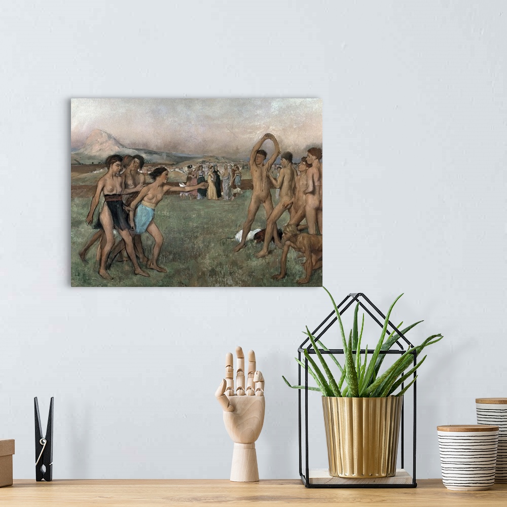 A bohemian room featuring Horizontal classic art painting of groups of Spartans in the nude, exercising in a large field, w...