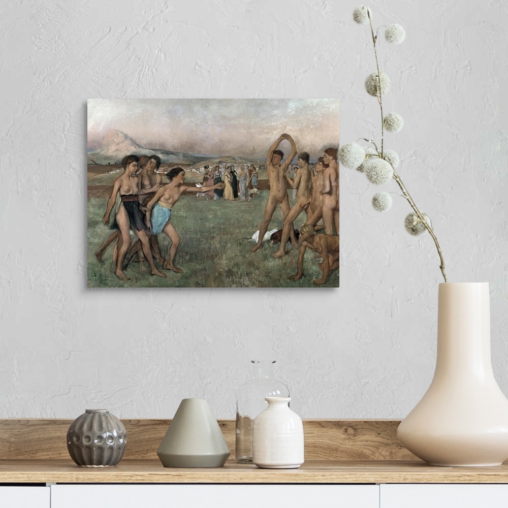 A farmhouse room featuring Horizontal classic art painting of groups of Spartans in the nude, exercising in a large field, w...