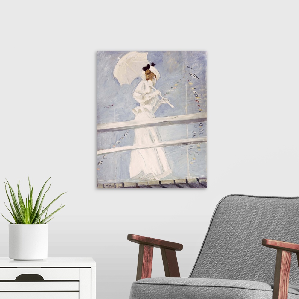 A modern room featuring Young Woman with a Parasol on a Jetty