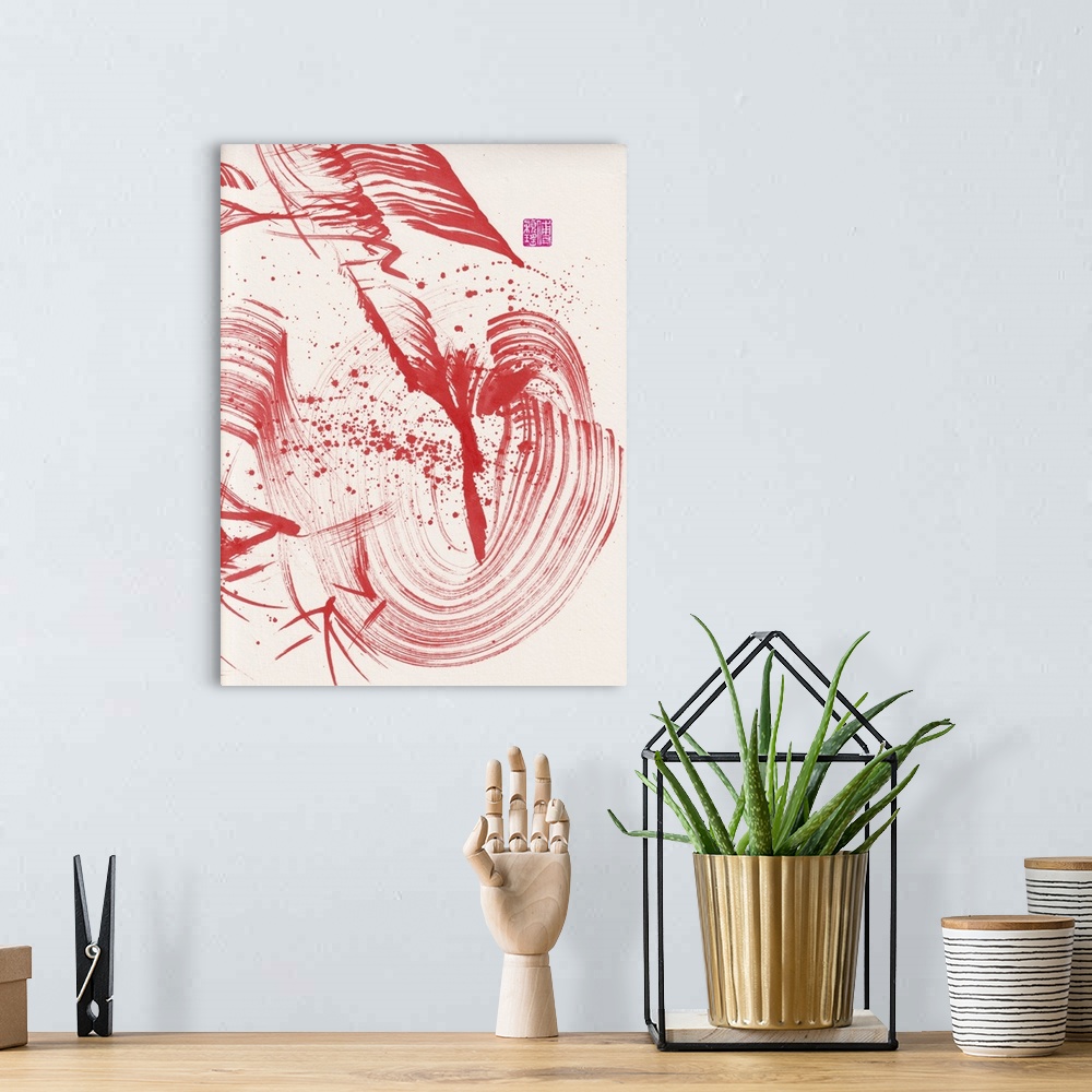 A bohemian room featuring Zen Red Bamboo Ink Abstraction 1, 2020