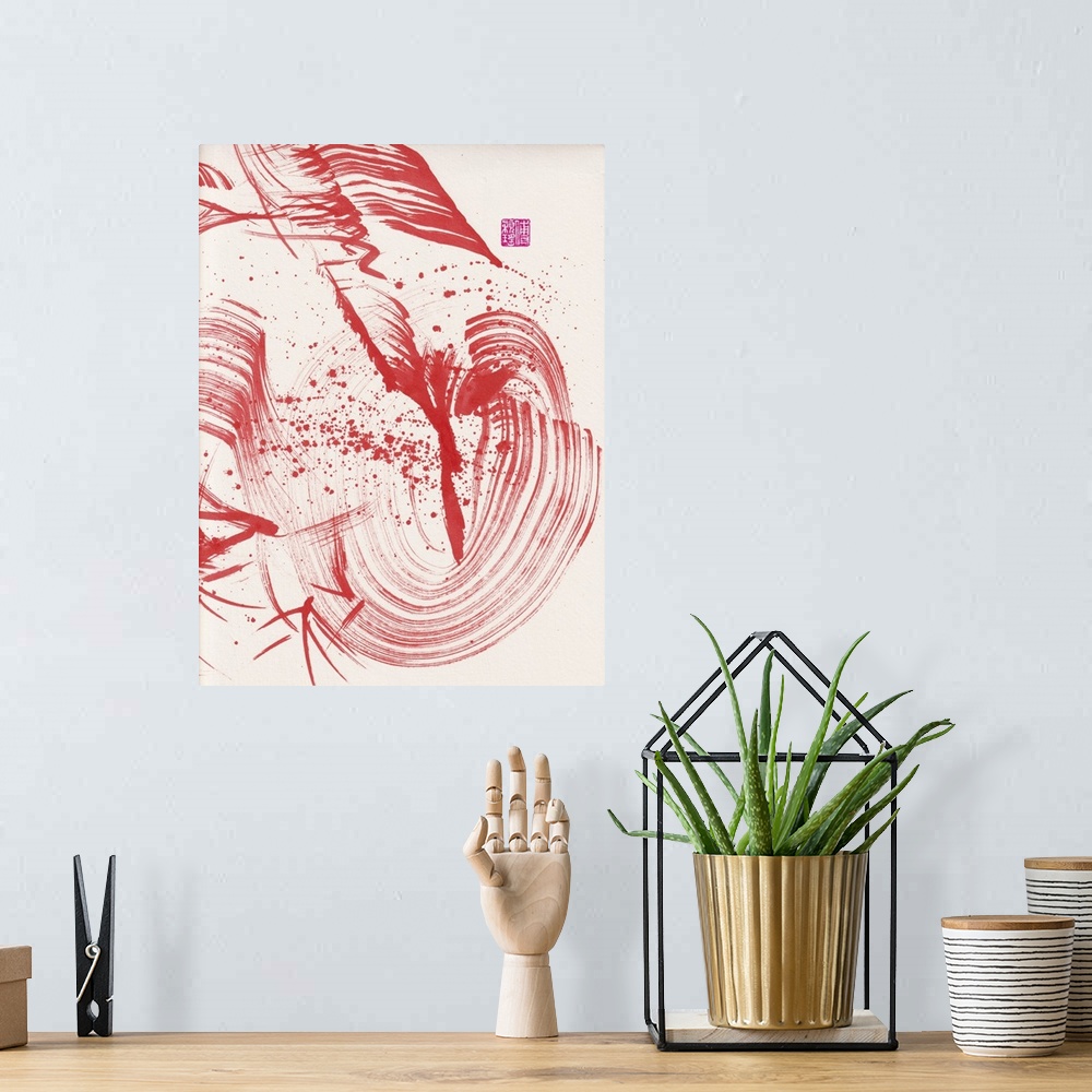 A bohemian room featuring Zen Red Bamboo Ink Abstraction 1, 2020