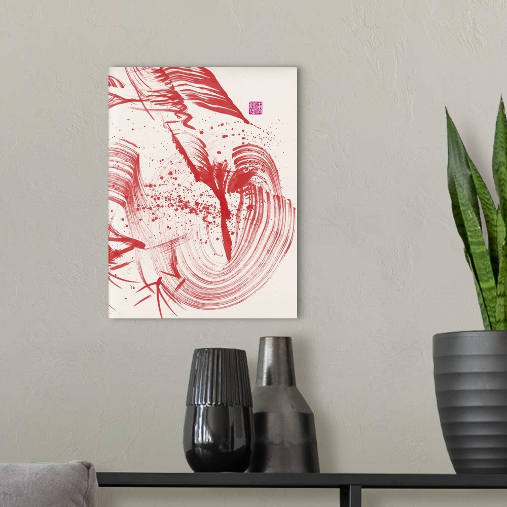 A modern room featuring Zen Red Bamboo Ink Abstraction 1, 2020