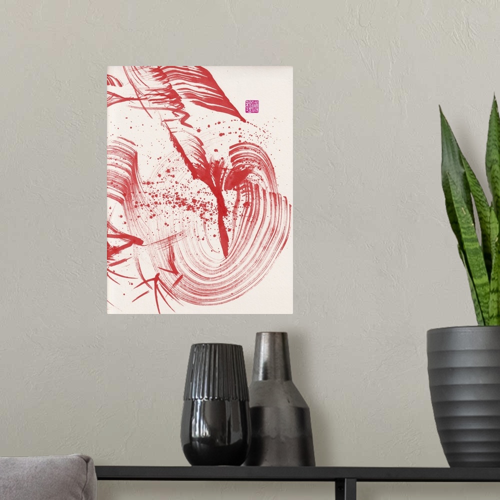 A modern room featuring Zen Red Bamboo Ink Abstraction 1, 2020