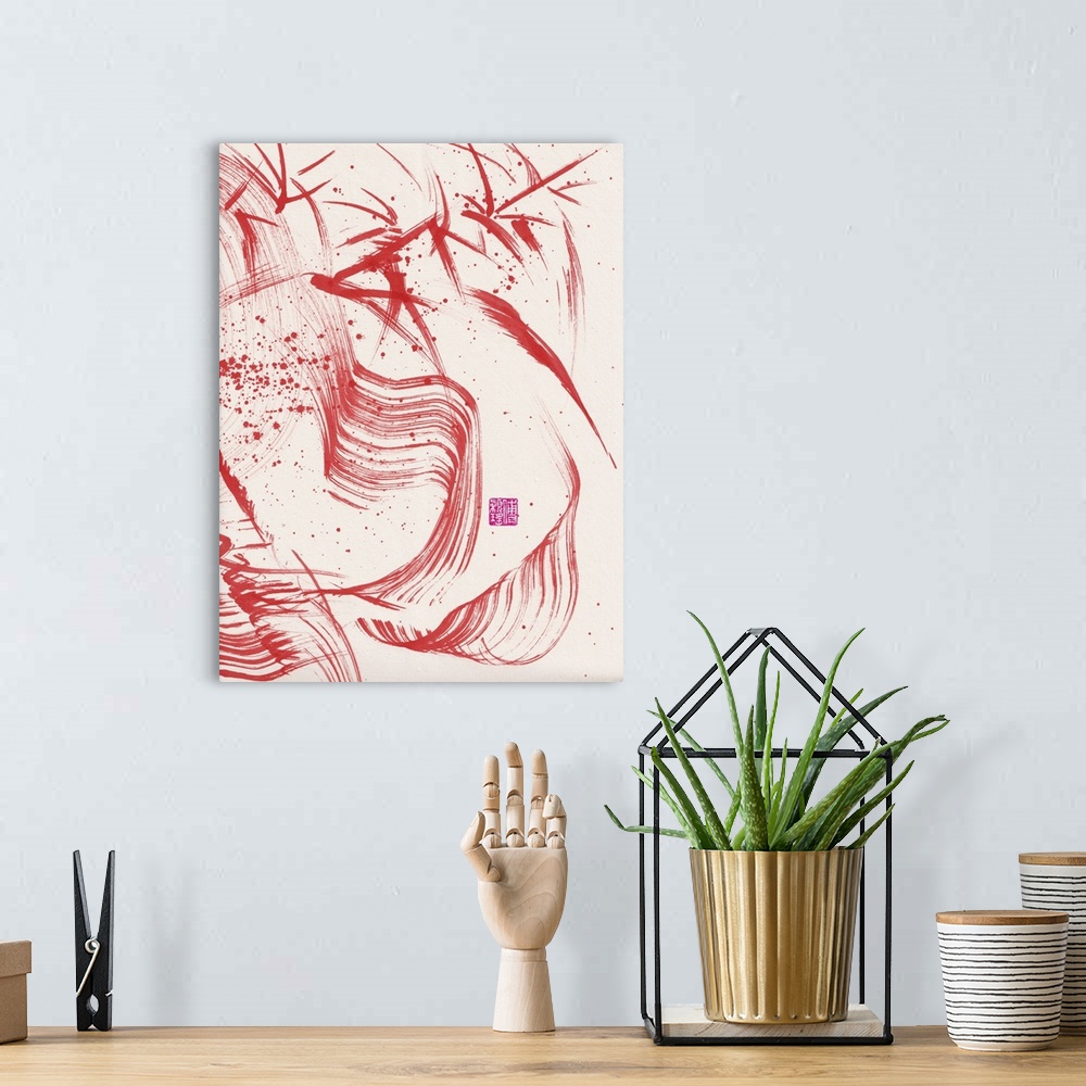 A bohemian room featuring Zen Red Bamboo Ink Abstraction 2, 2020