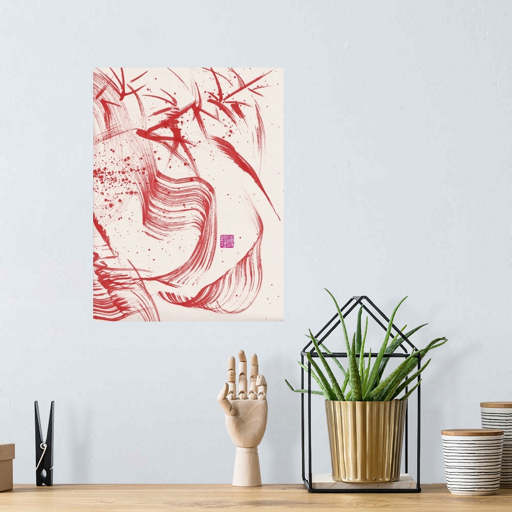 A bohemian room featuring Zen Red Bamboo Ink Abstraction 2, 2020
