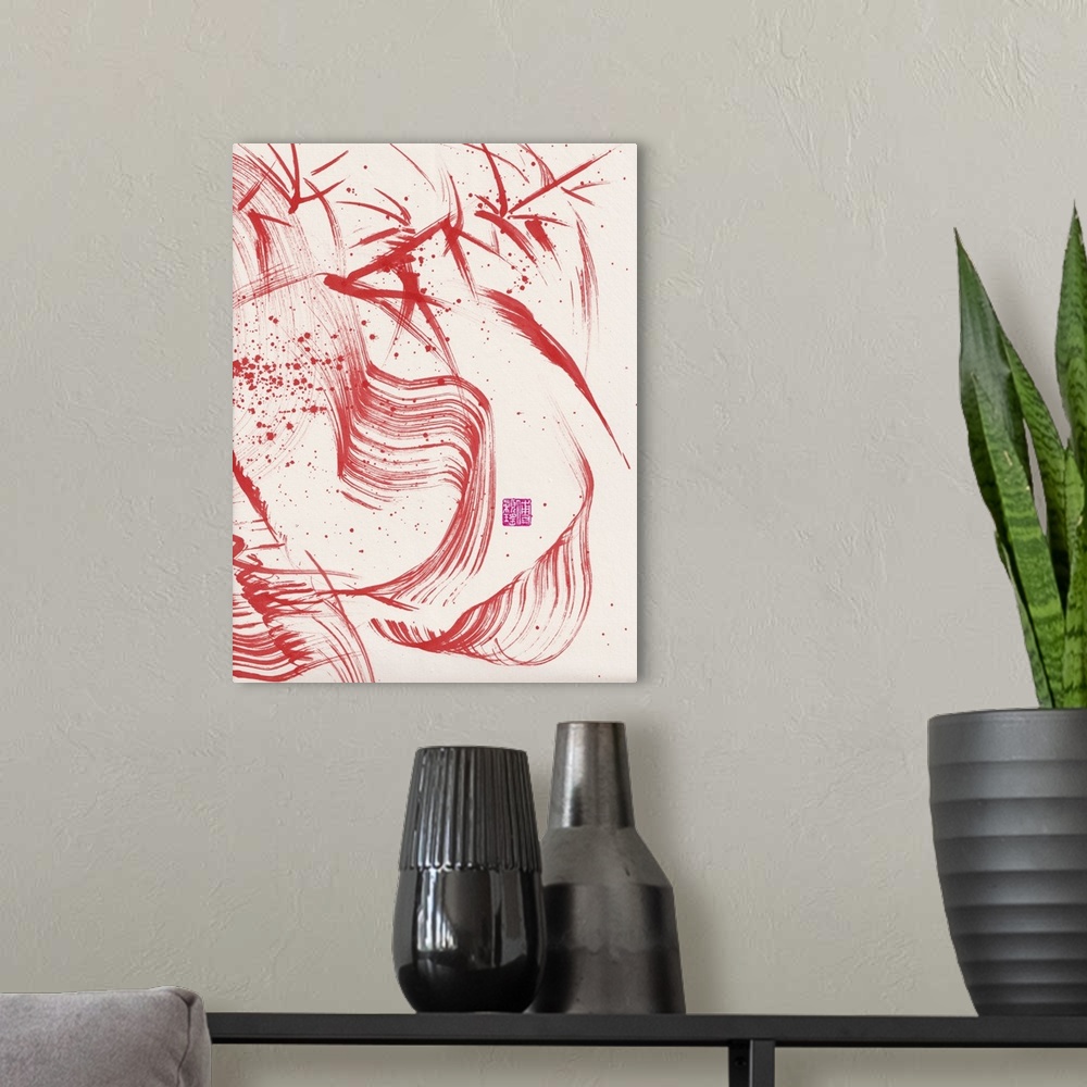 A modern room featuring Zen Red Bamboo Ink Abstraction 2, 2020