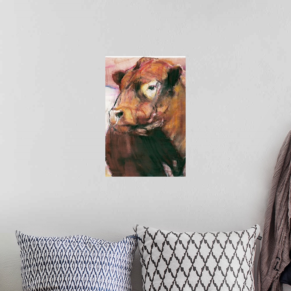 A bohemian room featuring Vertical artwork on a large canvas of e red belted galloway bull with a ring through his nose.  I...
