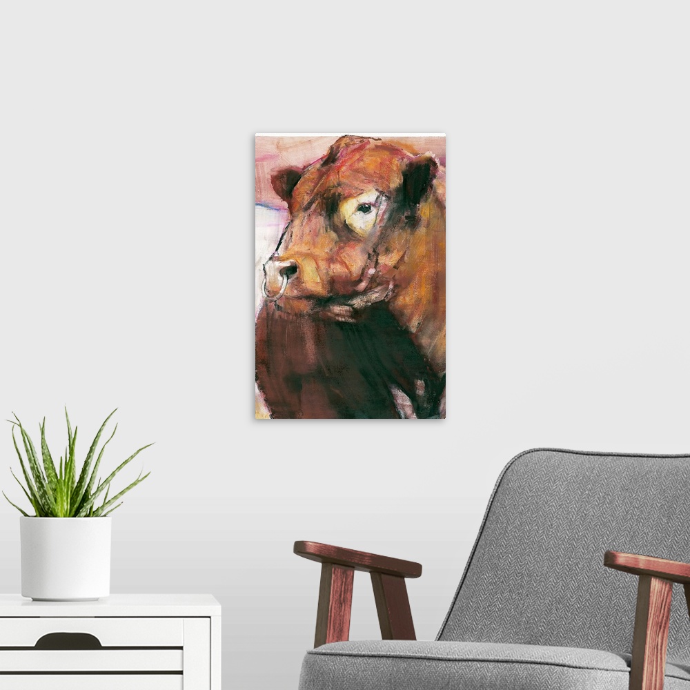 A modern room featuring Vertical artwork on a large canvas of e red belted galloway bull with a ring through his nose.  I...