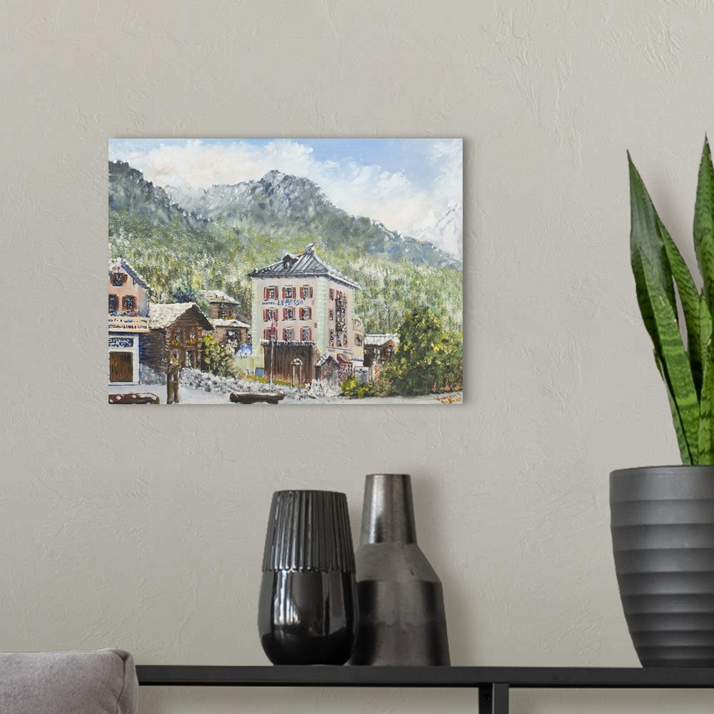 A modern room featuring Contemporary painting of a view of a village building with a mountain in the distance in Switzerl...