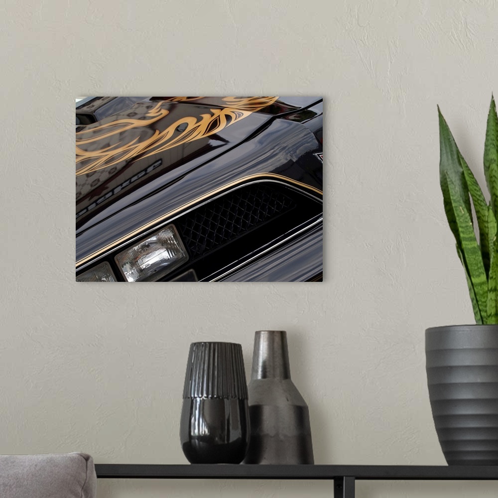 A modern room featuring Angled photograph of the front of a black and gold 1978 Pontiac Trans Am.