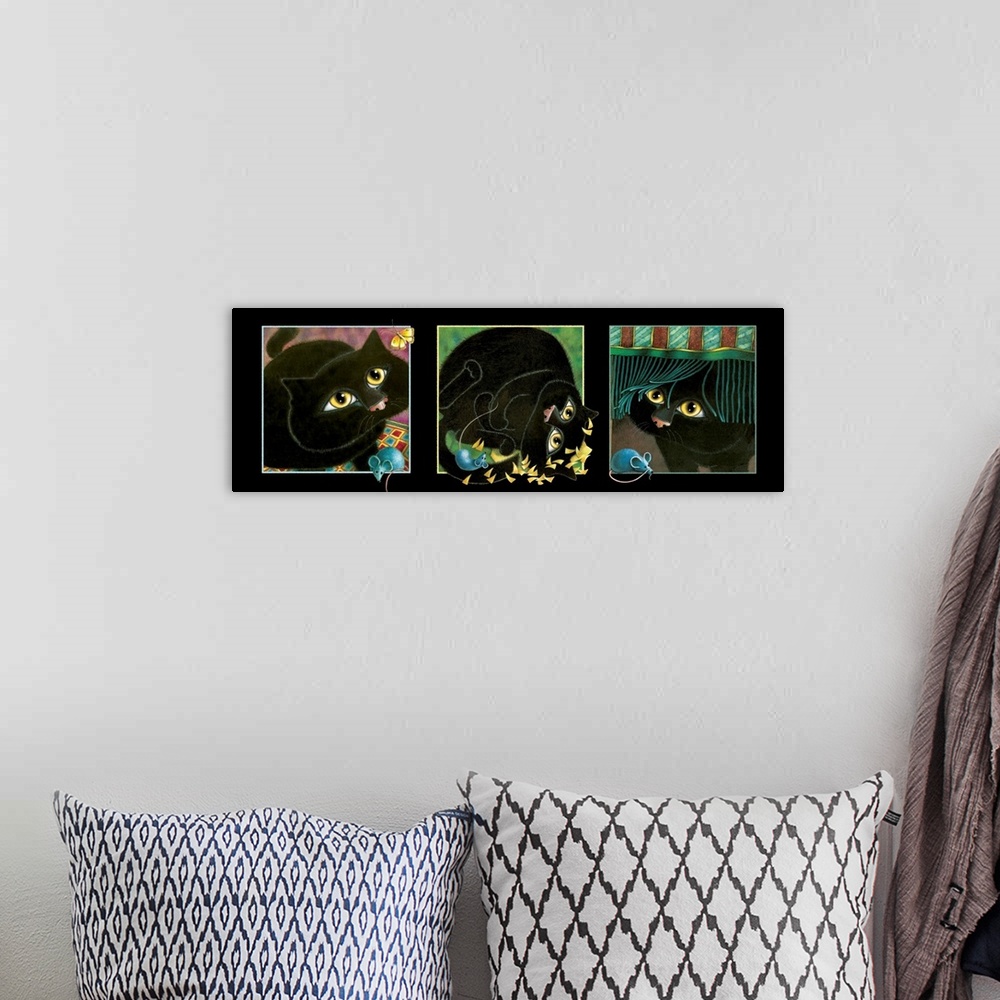 A bohemian room featuring Panoramic painting that has three square with a black cat and blue mouse in each.