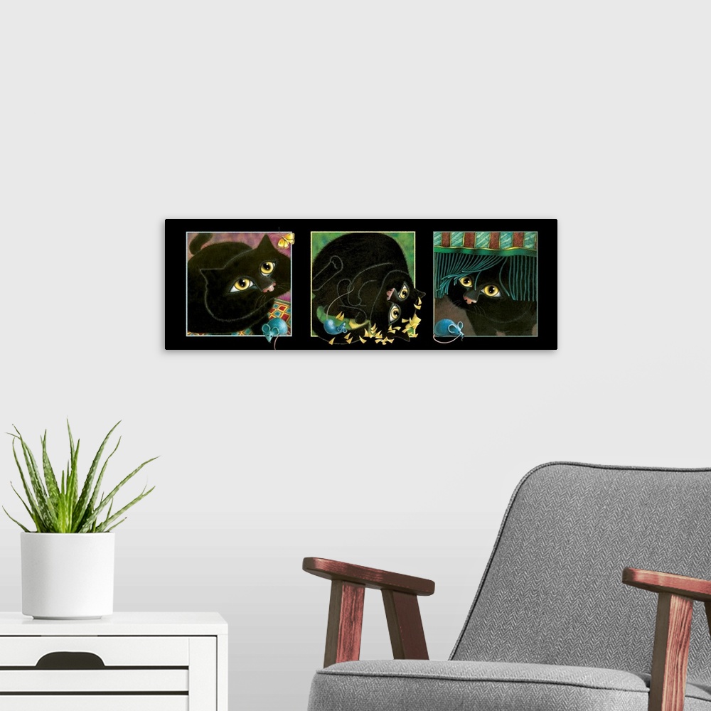 A modern room featuring Panoramic painting that has three square with a black cat and blue mouse in each.