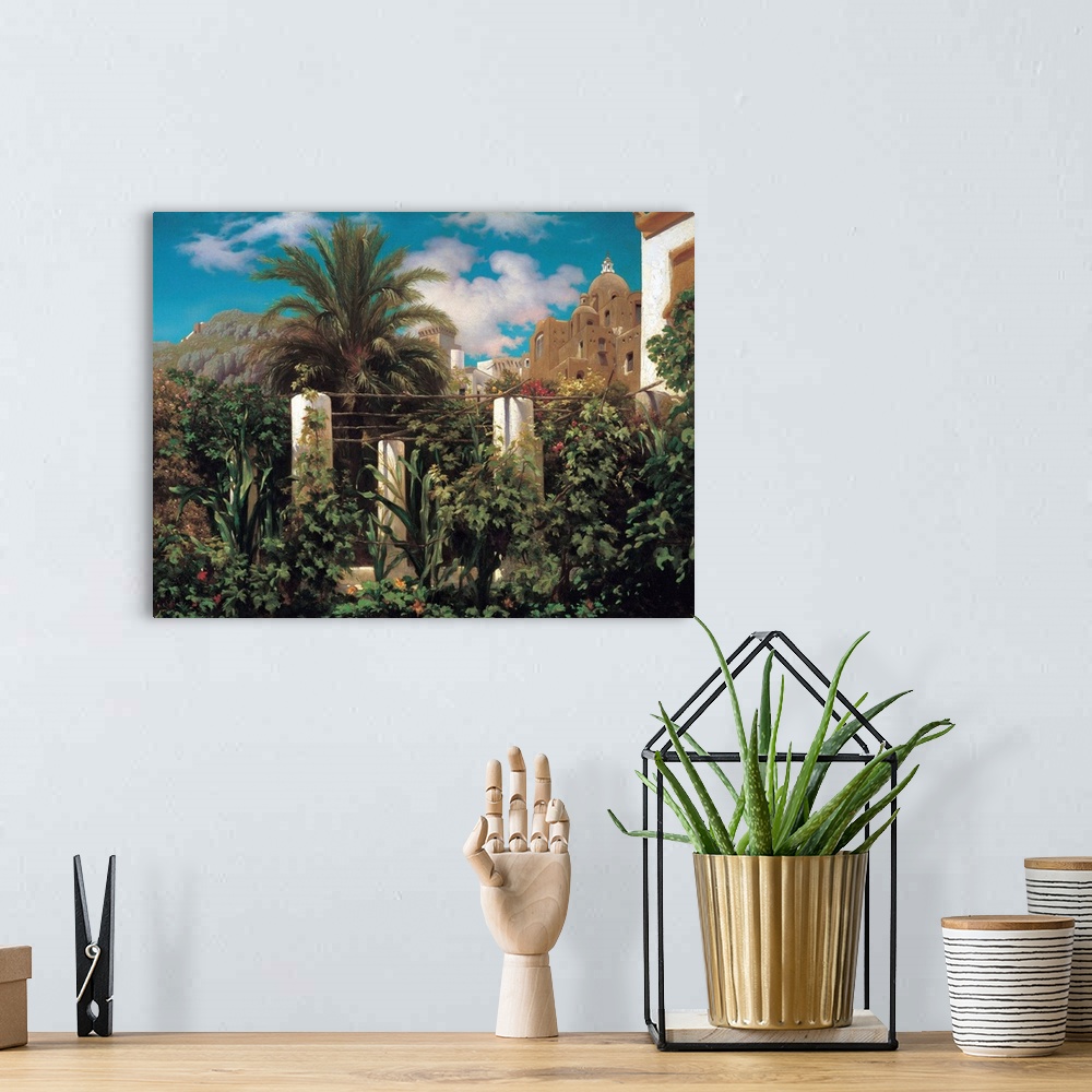 A bohemian room featuring A Garden in Capri by Frederic Leighton.