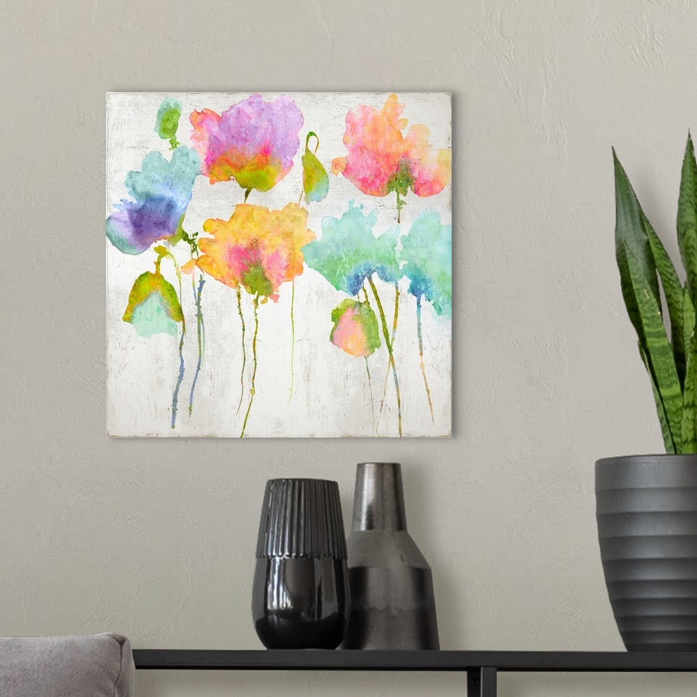 A modern room featuring Colorful watercolor poppies against a distressed white background.