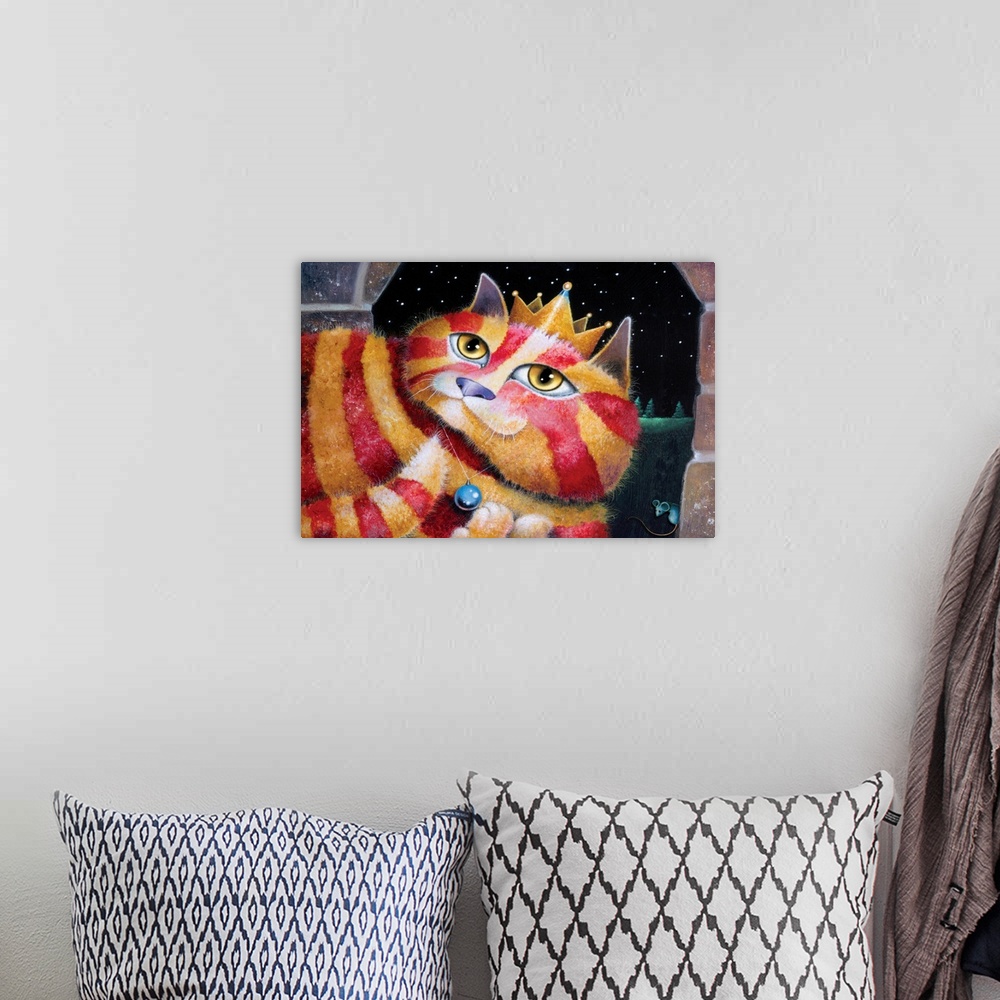 A bohemian room featuring Painting of a gold and red striped cat wearing a crown and blue necklace.